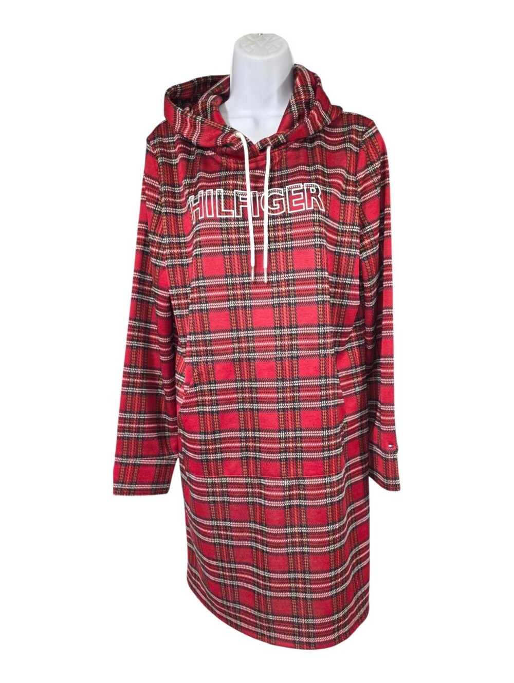 Tommy Hilfiger Red Plaid Hooded Sweatshirt Dress Logo Long Sleeve Casual Size L